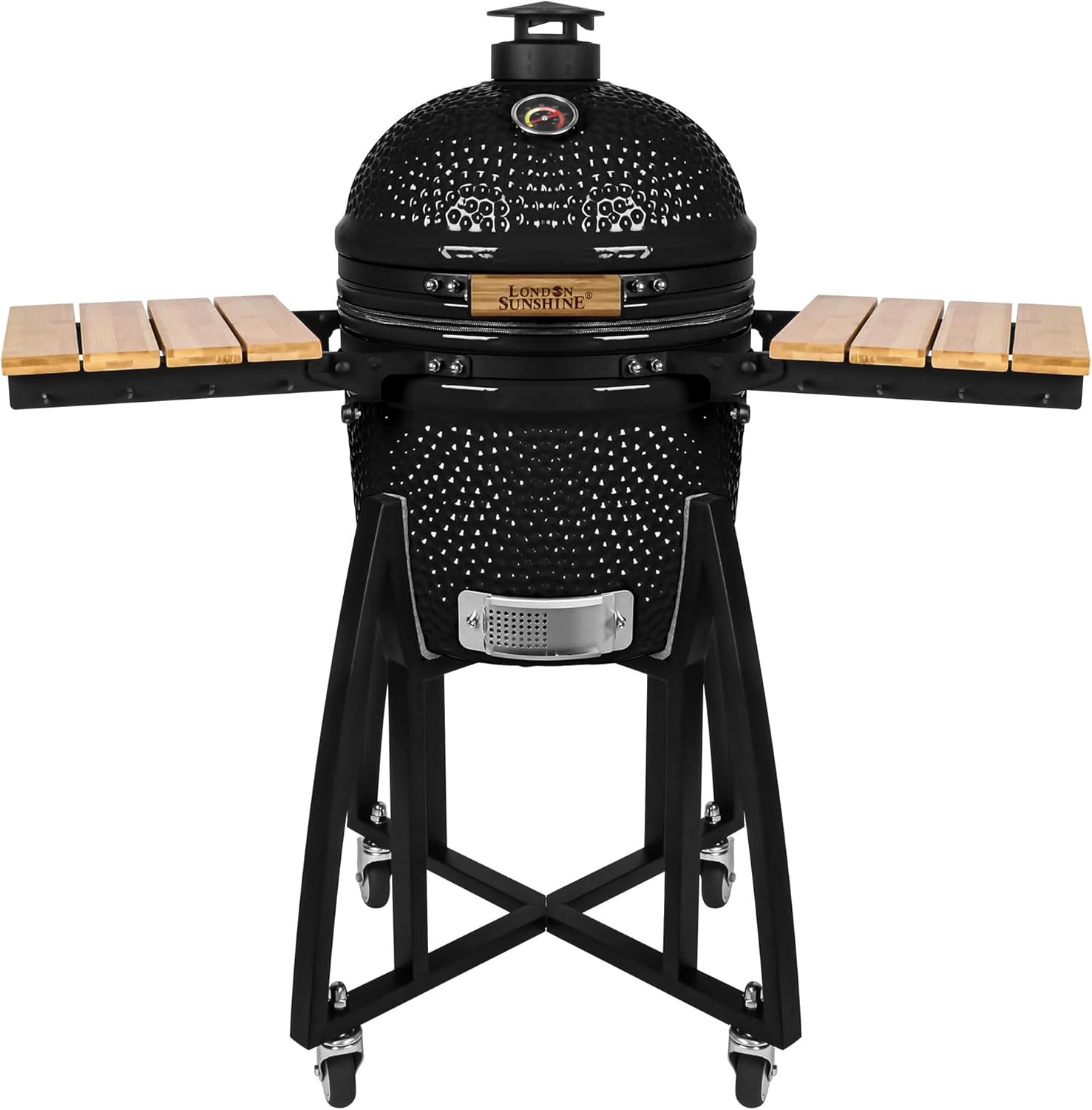 15-inch Ceramic Kamado Charcoal BBQ Grill & Smoker with Locking Casters, Foldable Side Shelves, Stainless Steel Grates, and Tall Stand