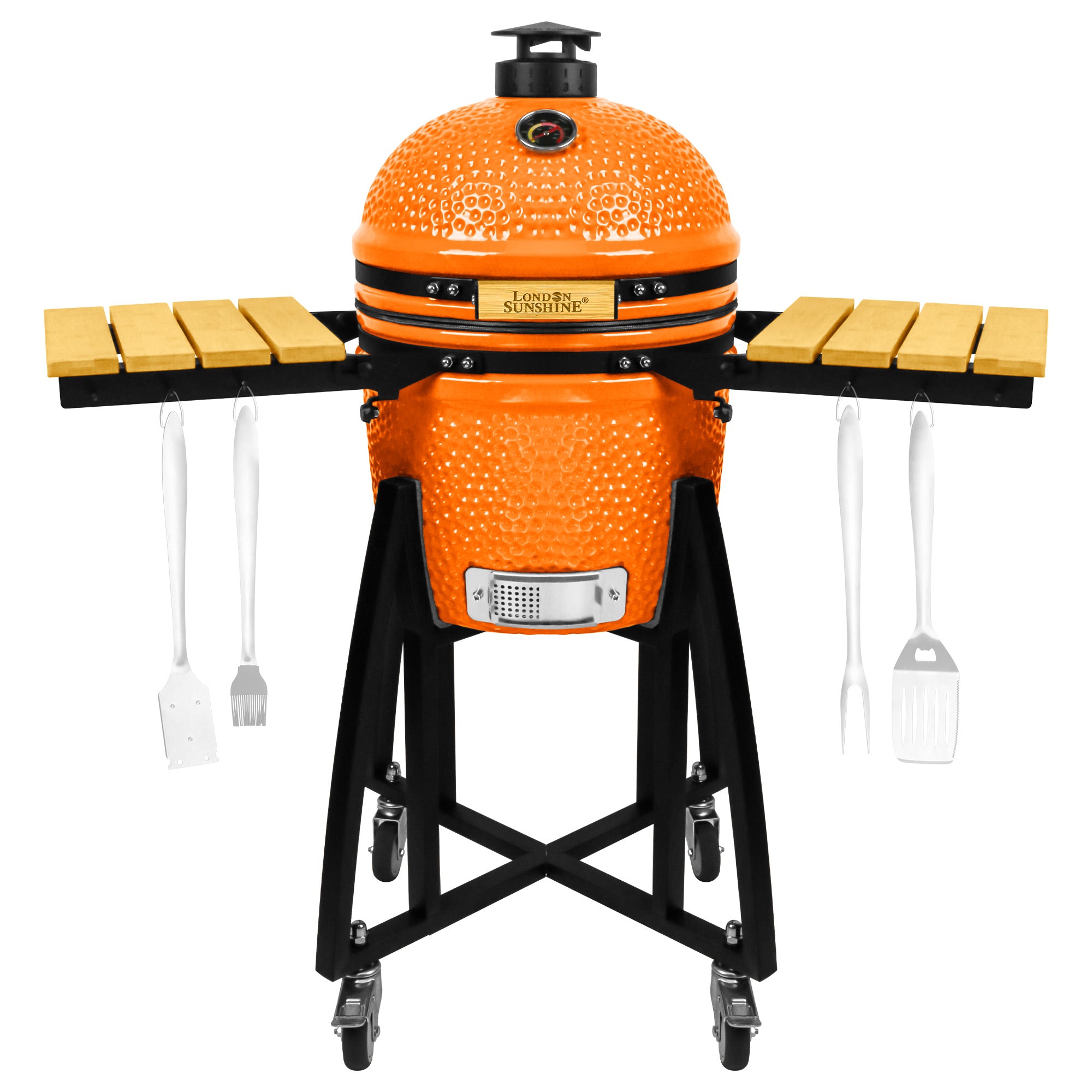 London Sunshine Kamado - The Junior Pro Series with Locking Casters, Foldable Side Shelves, Stainless Steel Grates, and Tall Stand