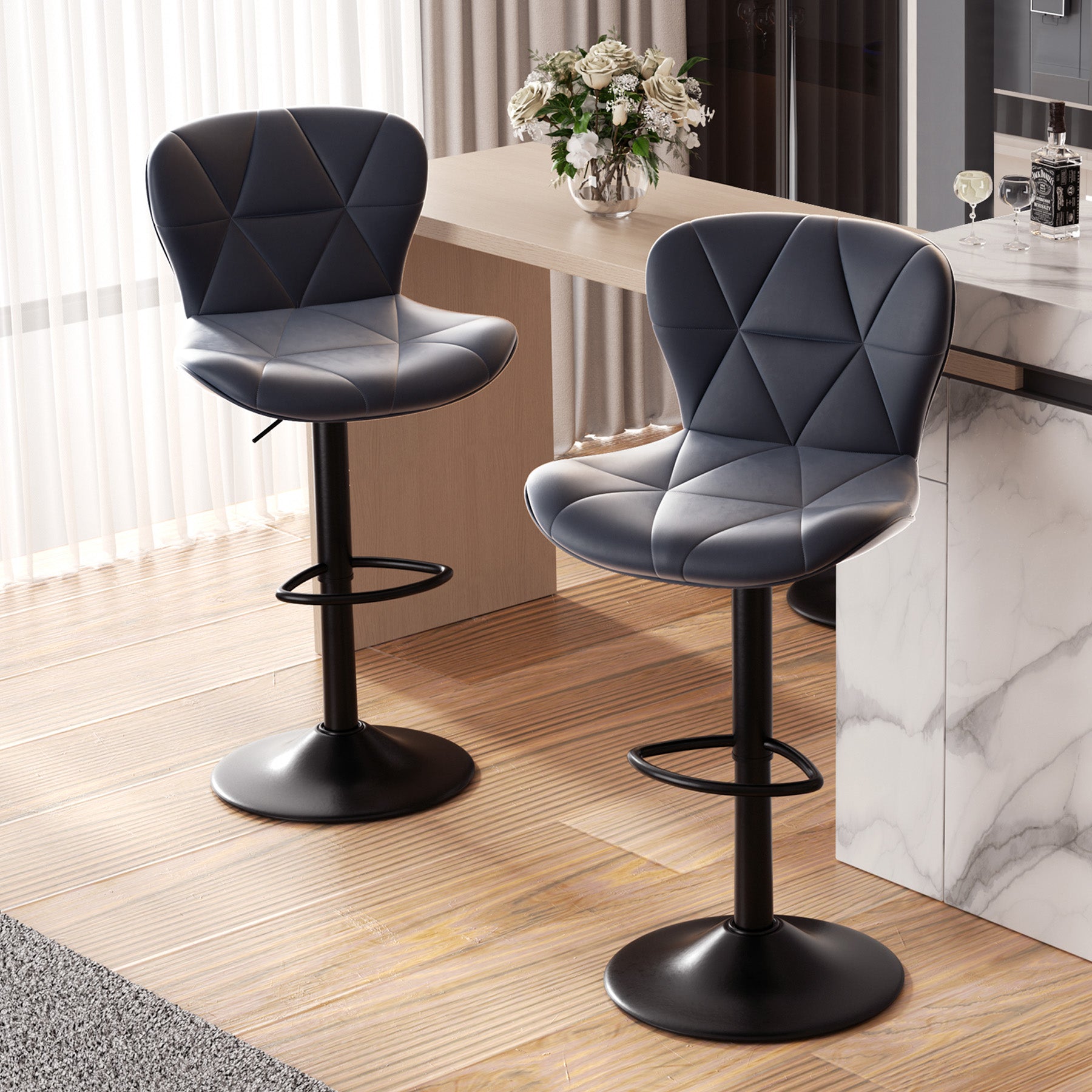 Set of Adjustable Faux Leather Swivel Bar Stools for Kitchen Island