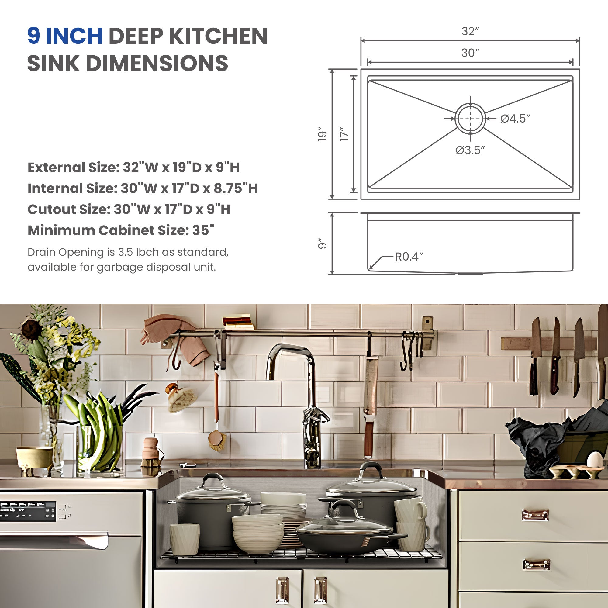 30x18 Inch Undermount Kitchen Sink, 304 Stainless Steel Single Bowl, R10 Design with 114mm Drain, Drain Kit & Grid Basket Included