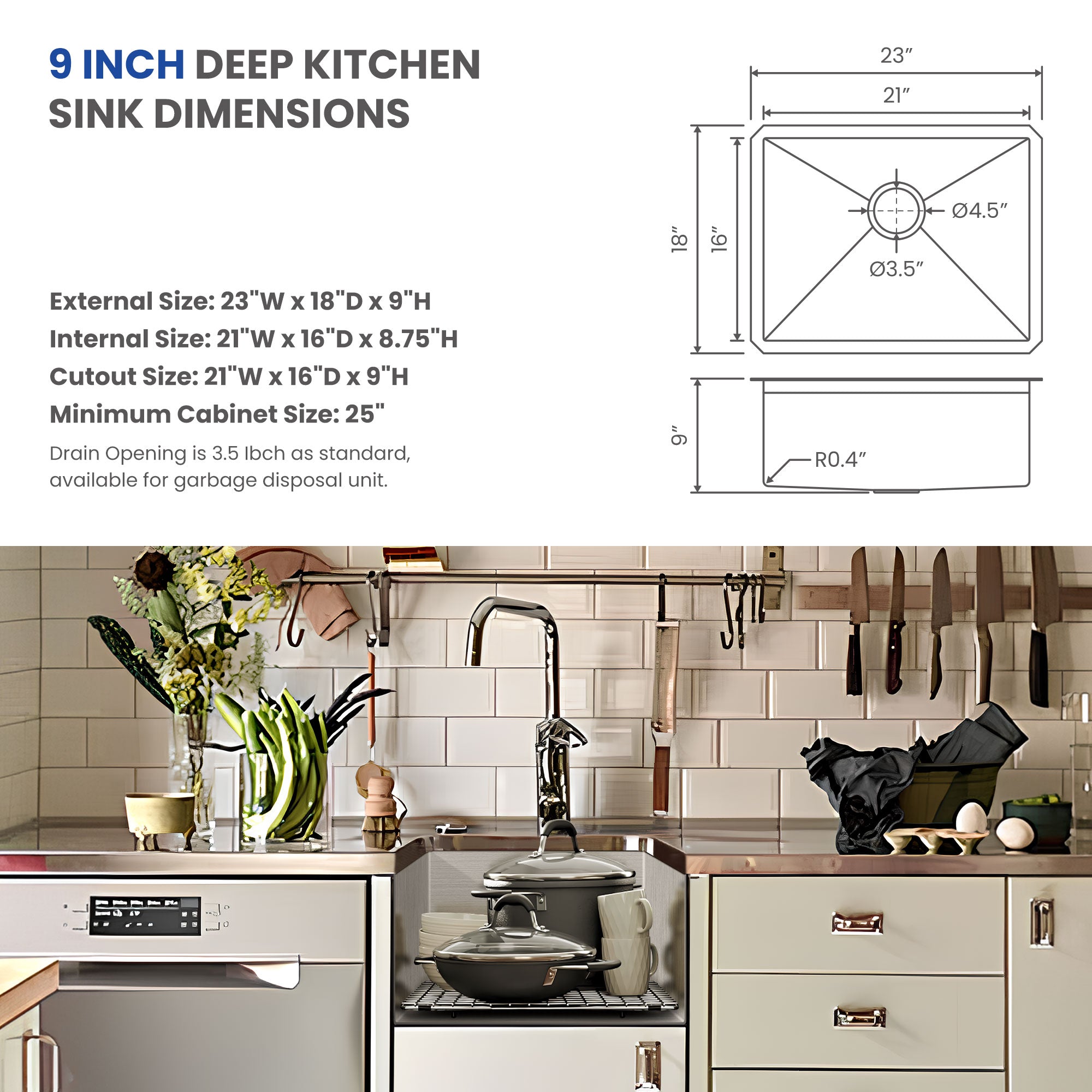 30x18 Inch Undermount Kitchen Sink, 304 Stainless Steel Single Bowl, R10 Design with 114mm Drain, Drain Kit & Grid Basket Included