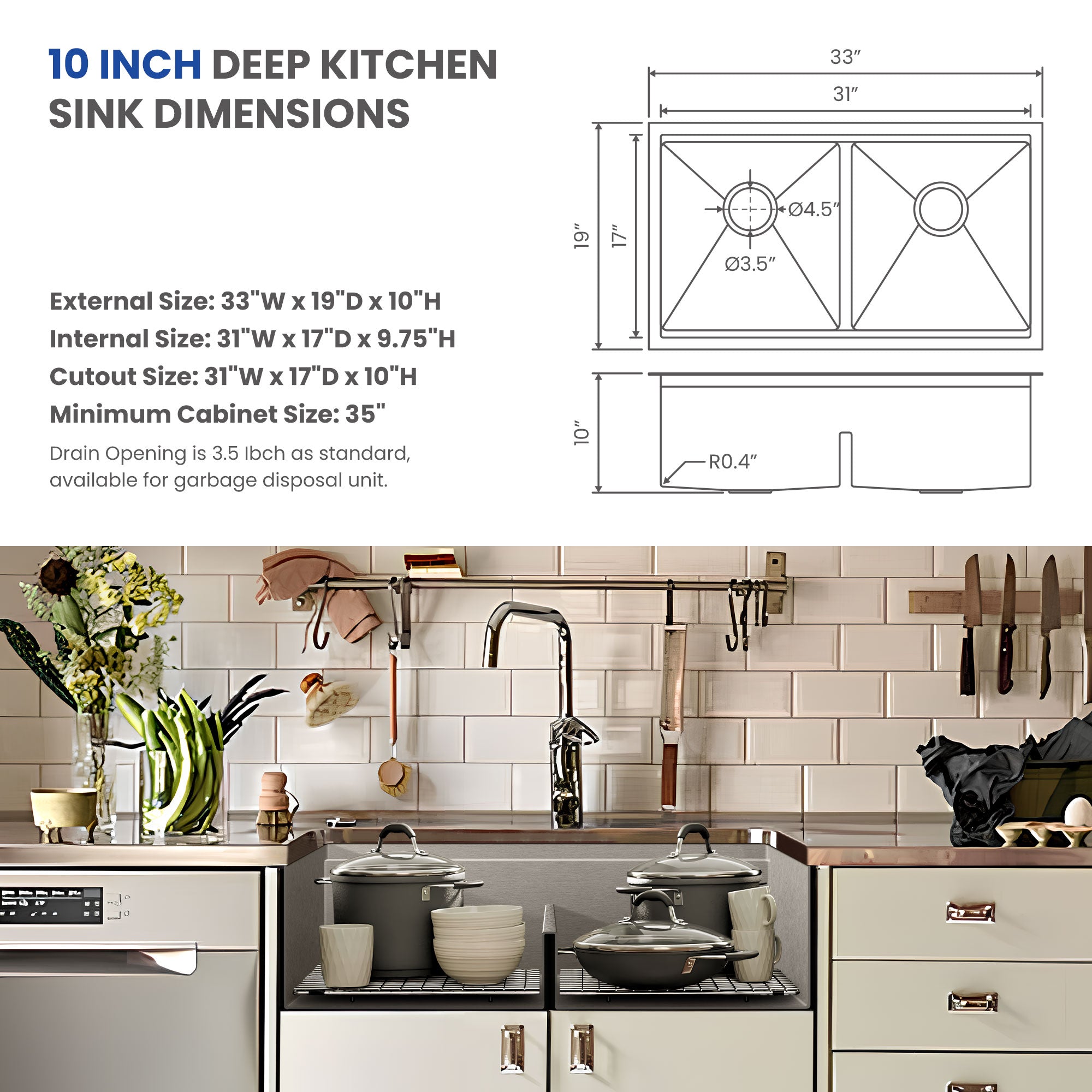 30x18 Inch Undermount Kitchen Sink, 304 Stainless Steel Single Bowl, R10 Design with 114mm Drain, Drain Kit & Grid Basket Included