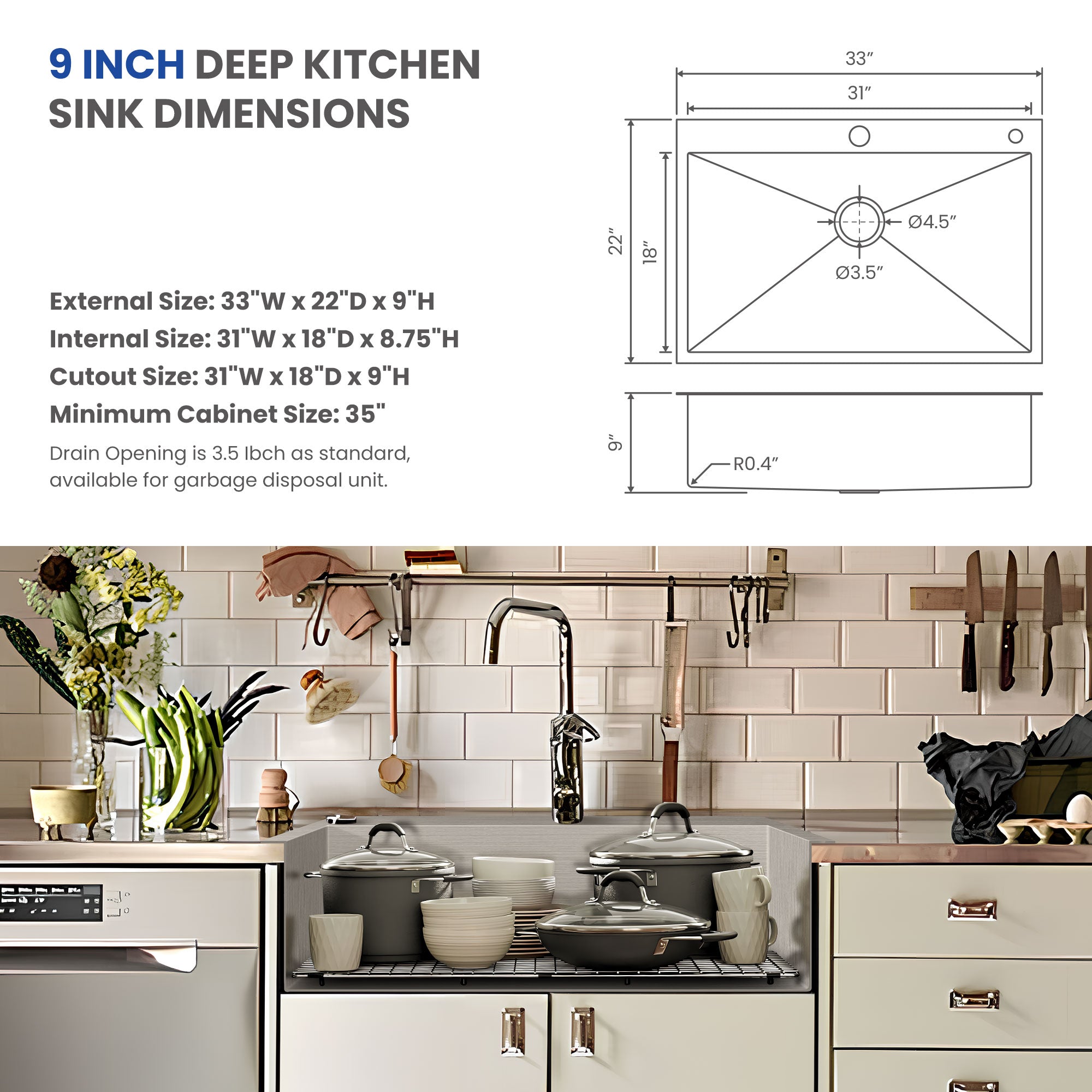 30x18 Inch Undermount Kitchen Sink, 304 Stainless Steel Single Bowl, R10 Design with 114mm Drain, Drain Kit & Grid Basket Included