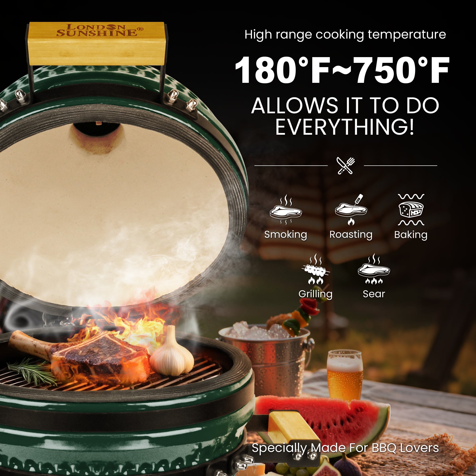 Upgraded 13 inch Ceramic Kamado Grill with Waterproof Air Vent Cap | Portable Tabletop Charcoal BBQ Grill Smoker for Outdoor Cooking, Patio, Camping