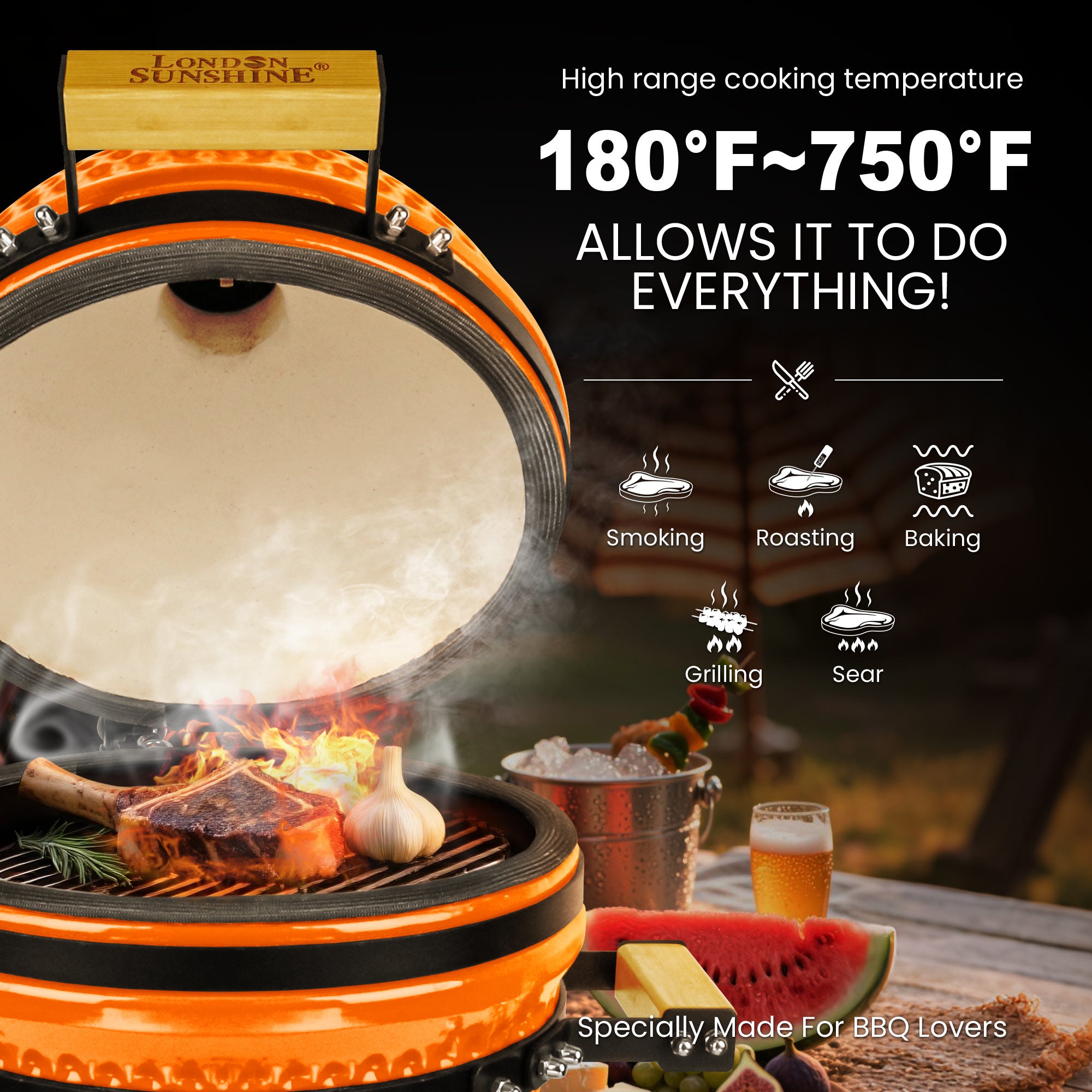 Upgraded 13 inch Ceramic Kamado Grill with Waterproof Air Vent Cap | Portable Tabletop Charcoal BBQ Grill Smoker for Outdoor Cooking, Patio, Camping