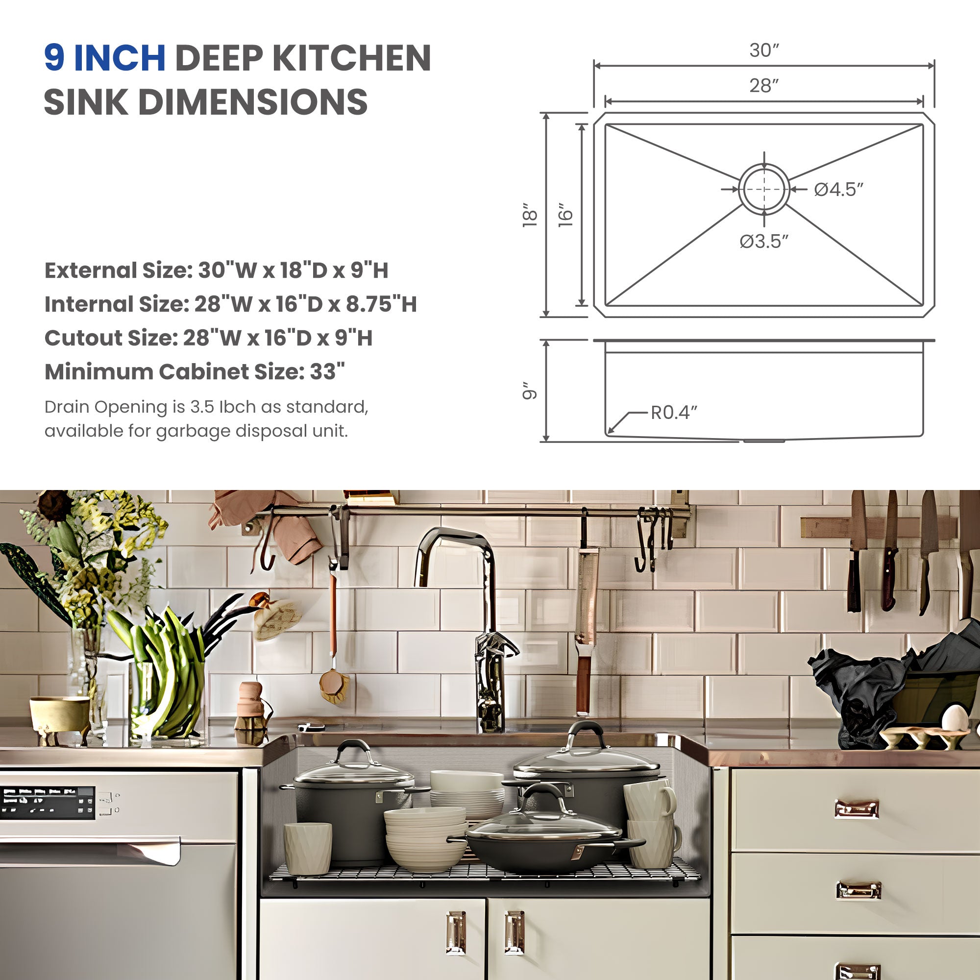 30x18 Inch Undermount Kitchen Sink, 304 Stainless Steel Single Bowl, R10 Design with 114mm Drain, Drain Kit & Grid Basket Included