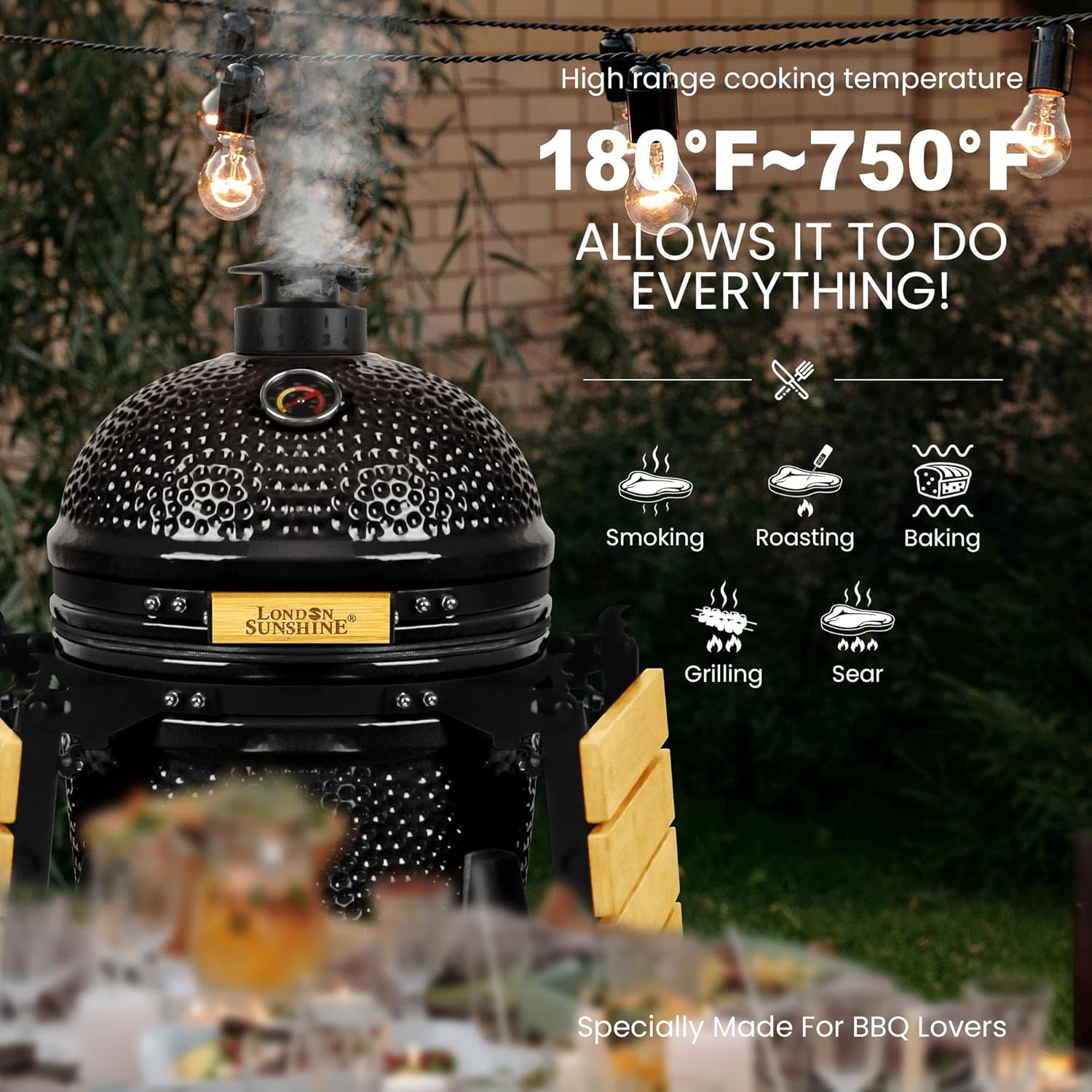 15-inch Ceramic Kamado Charcoal BBQ Grill & Smoker with Locking Casters, Foldable Side Shelves, Stainless Steel Grates, and Tall Stand