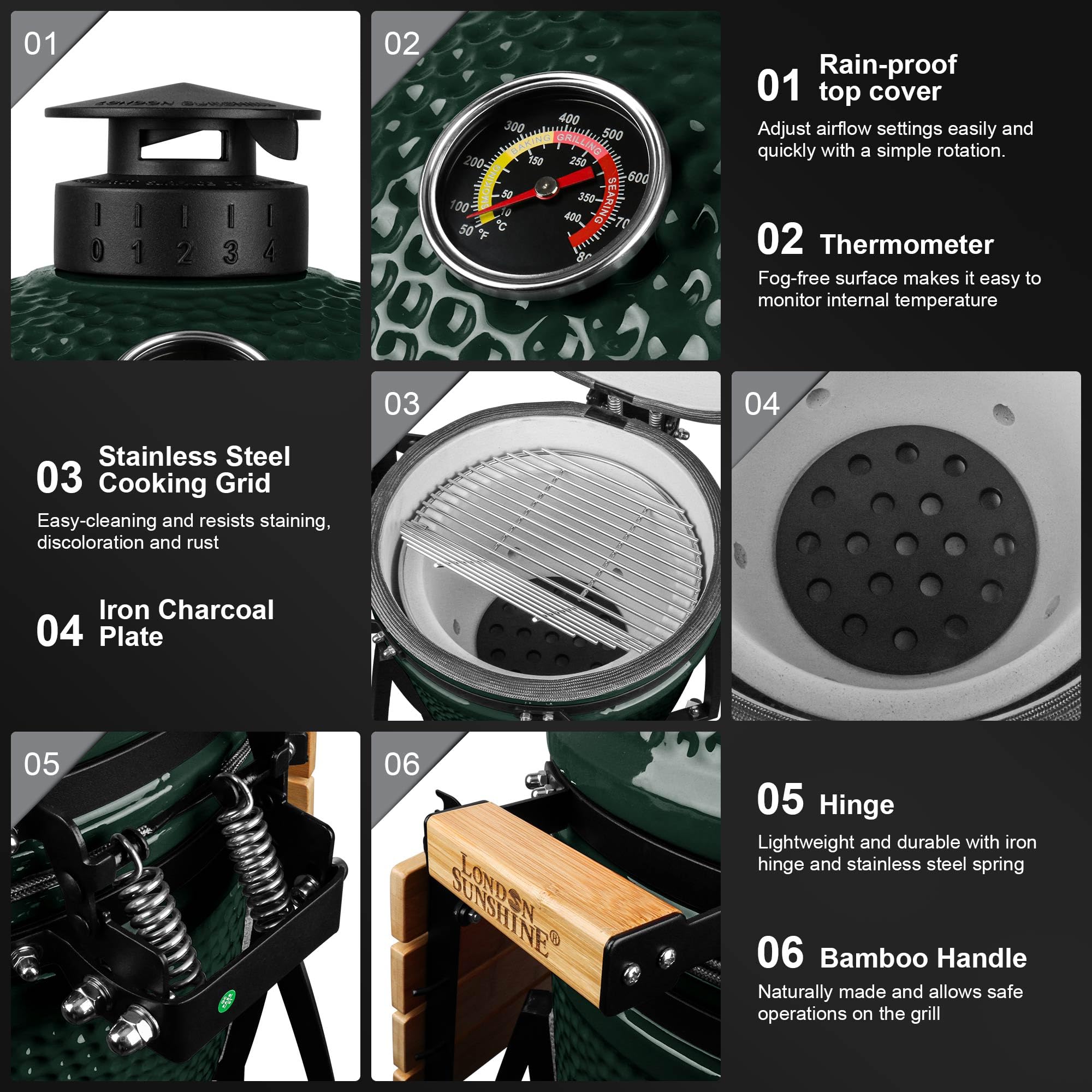 15-inch Ceramic Kamado Charcoal BBQ Grill & Smoker with Locking Casters, Foldable Side Shelves, Stainless Steel Grates, and Tall Stand