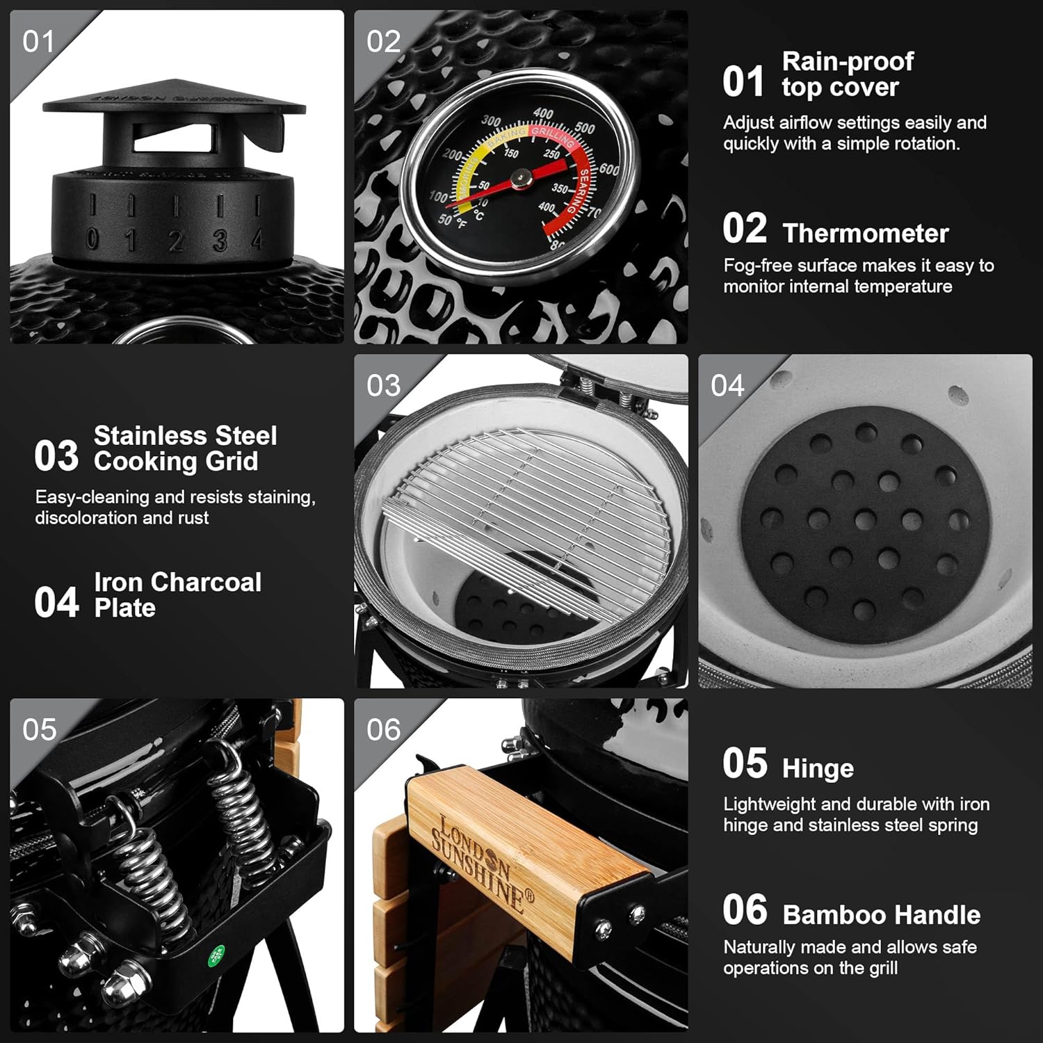 15-inch Ceramic Kamado Charcoal BBQ Grill & Smoker with Locking Casters, Foldable Side Shelves, Stainless Steel Grates, and Tall Stand