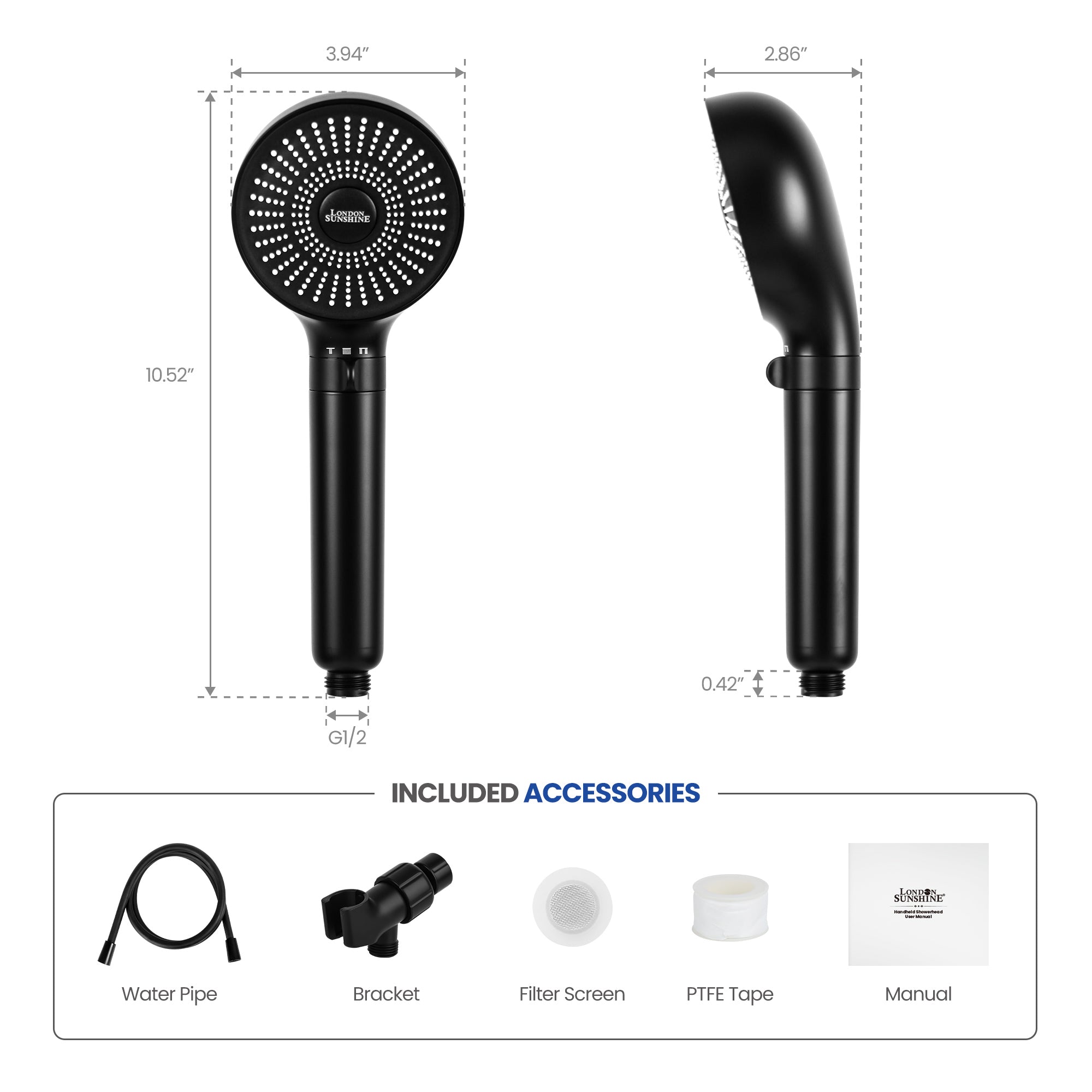 London Sunshine Filtered Shower Head with Handheld Kit - High Pressure 3-Spray Modes & Carbon Filtration System, Includes Hose