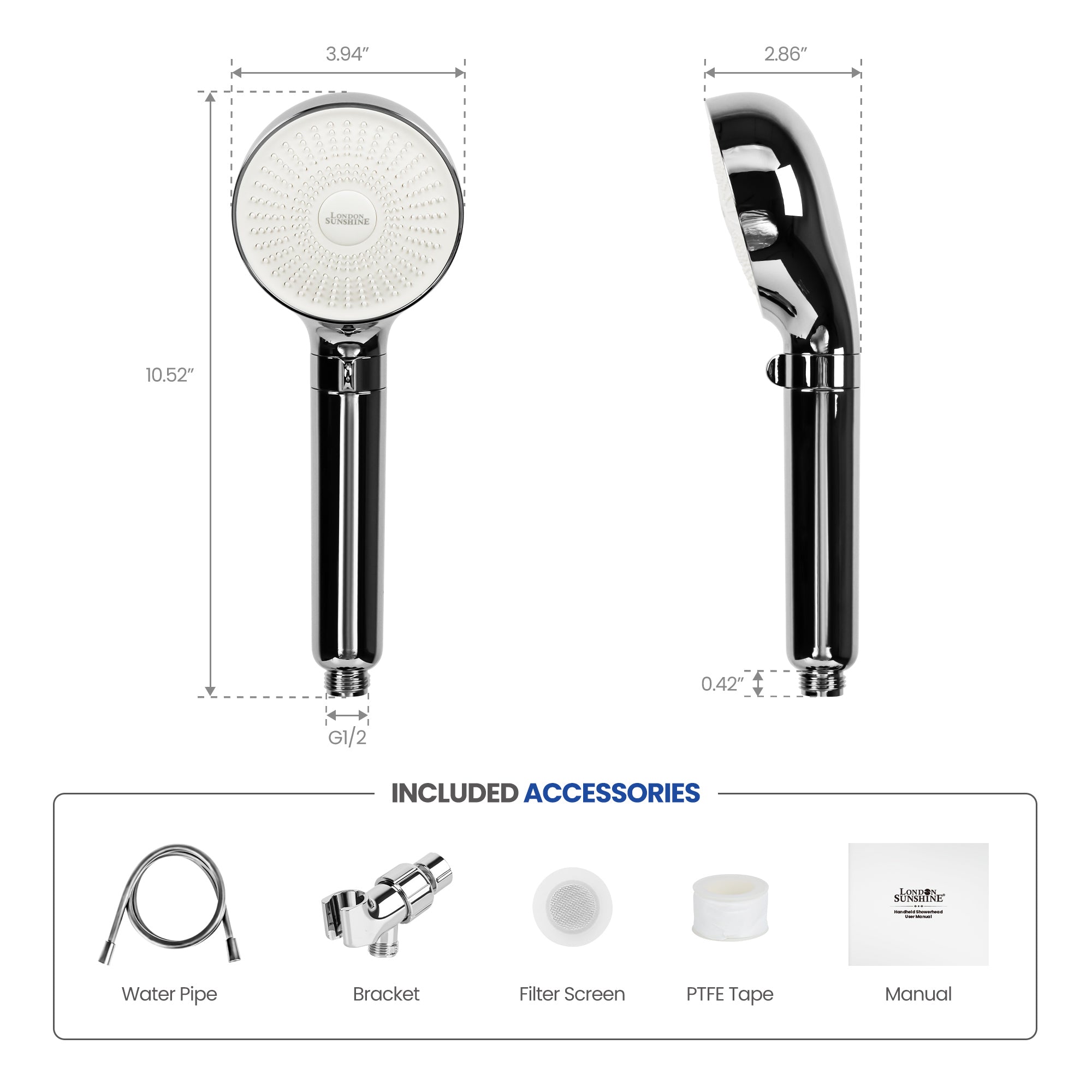 London Sunshine Filtered Shower Head with Handheld Kit - High Pressure 3-Spray Modes & Carbon Filtration System, Includes Hose