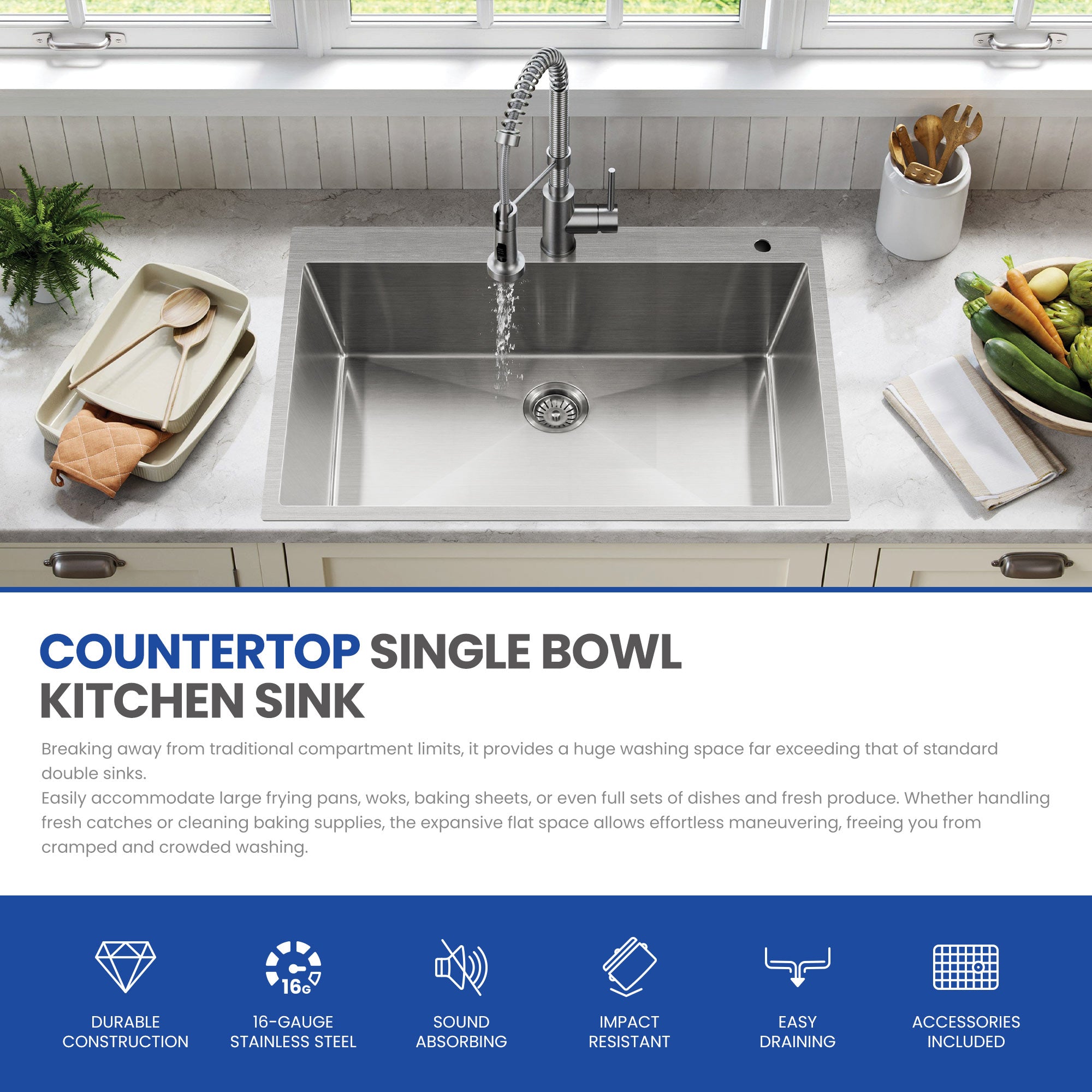 30x18 Inch Undermount Kitchen Sink, 304 Stainless Steel Single Bowl, R10 Design with 114mm Drain, Drain Kit & Grid Basket Included