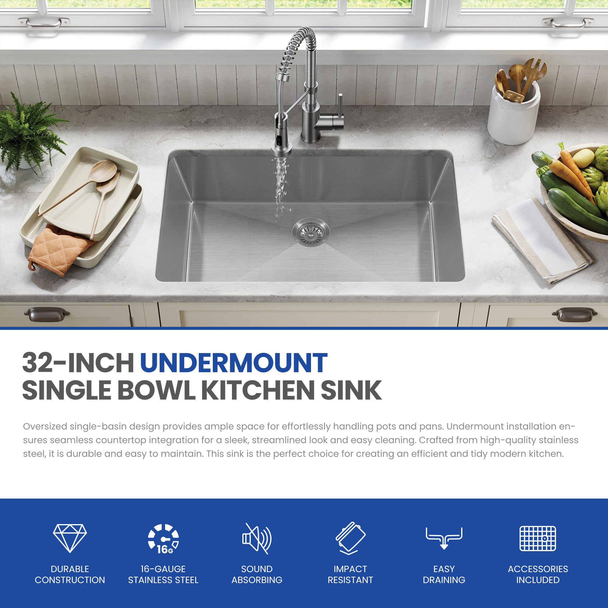 30x18 Inch Undermount Kitchen Sink, 304 Stainless Steel Single Bowl, R10 Design with 114mm Drain, Drain Kit & Grid Basket Included