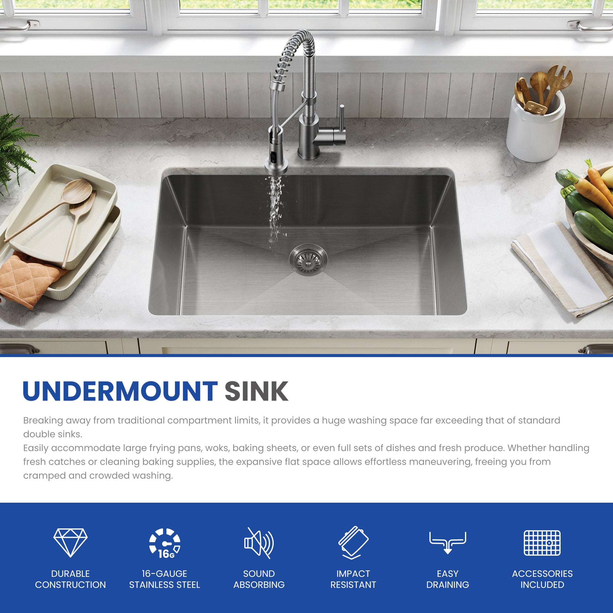 30x18 Inch Undermount Kitchen Sink, 304 Stainless Steel Single Bowl, R10 Design with 114mm Drain, Drain Kit & Grid Basket Included