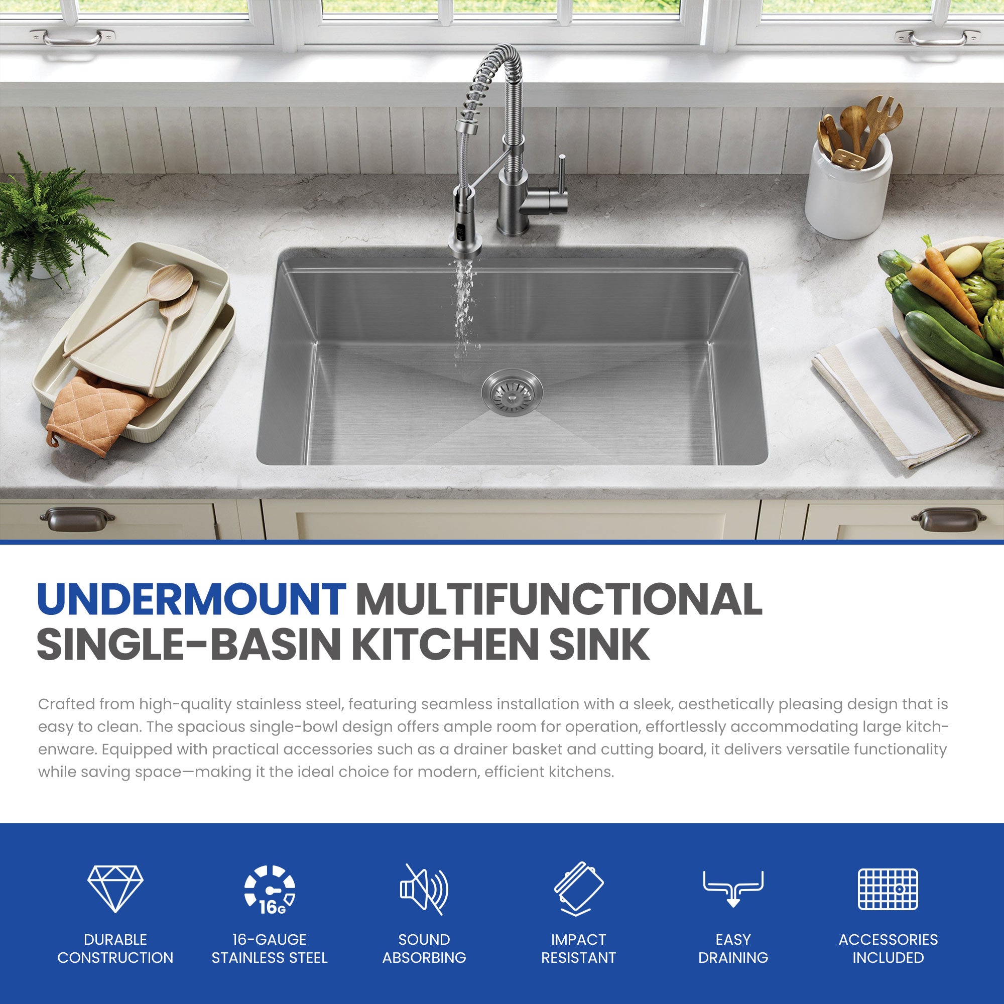 30x18 Inch Undermount Kitchen Sink, 304 Stainless Steel Single Bowl, R10 Design with 114mm Drain, Drain Kit & Grid Basket Included
